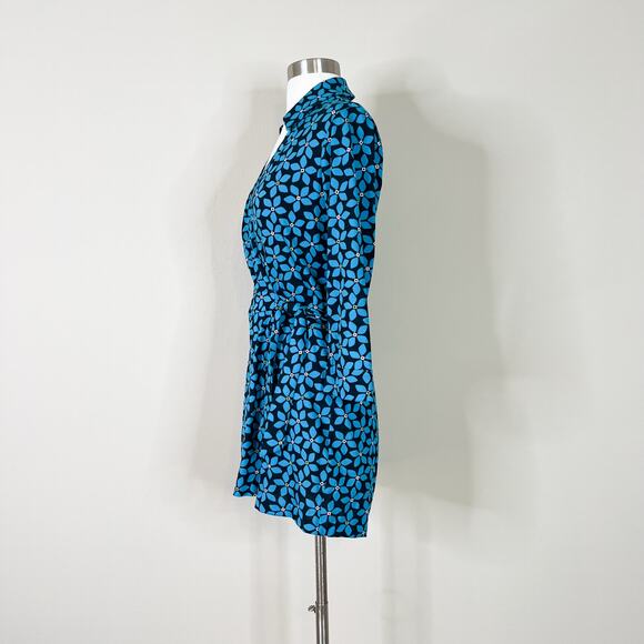 DVF | Celeste Floral Wrap Blue Black Cotton Silk Designer Romper No Size Tag EUC - Picture 9 of 10